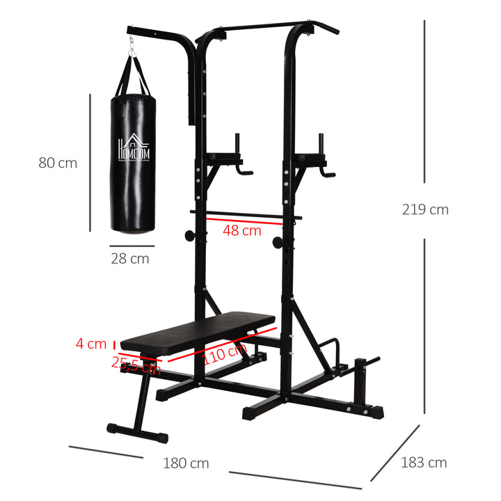 Power station med pull-up bar, multifunktionel dip station, hjemmetræningsudstyr, med boksesæk, fitness, stål, sort, 180 x 183 x 219 cm