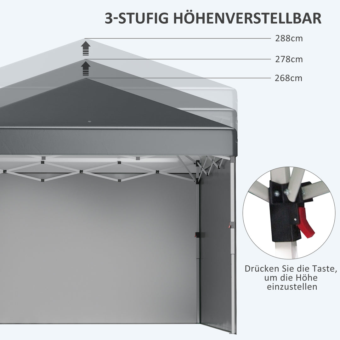 Foldbar pavillon, 2 sidepaneler, højdejusterbar, med bæretaske, stel i rustfrit stål, 3x3 m, mørkegrå
