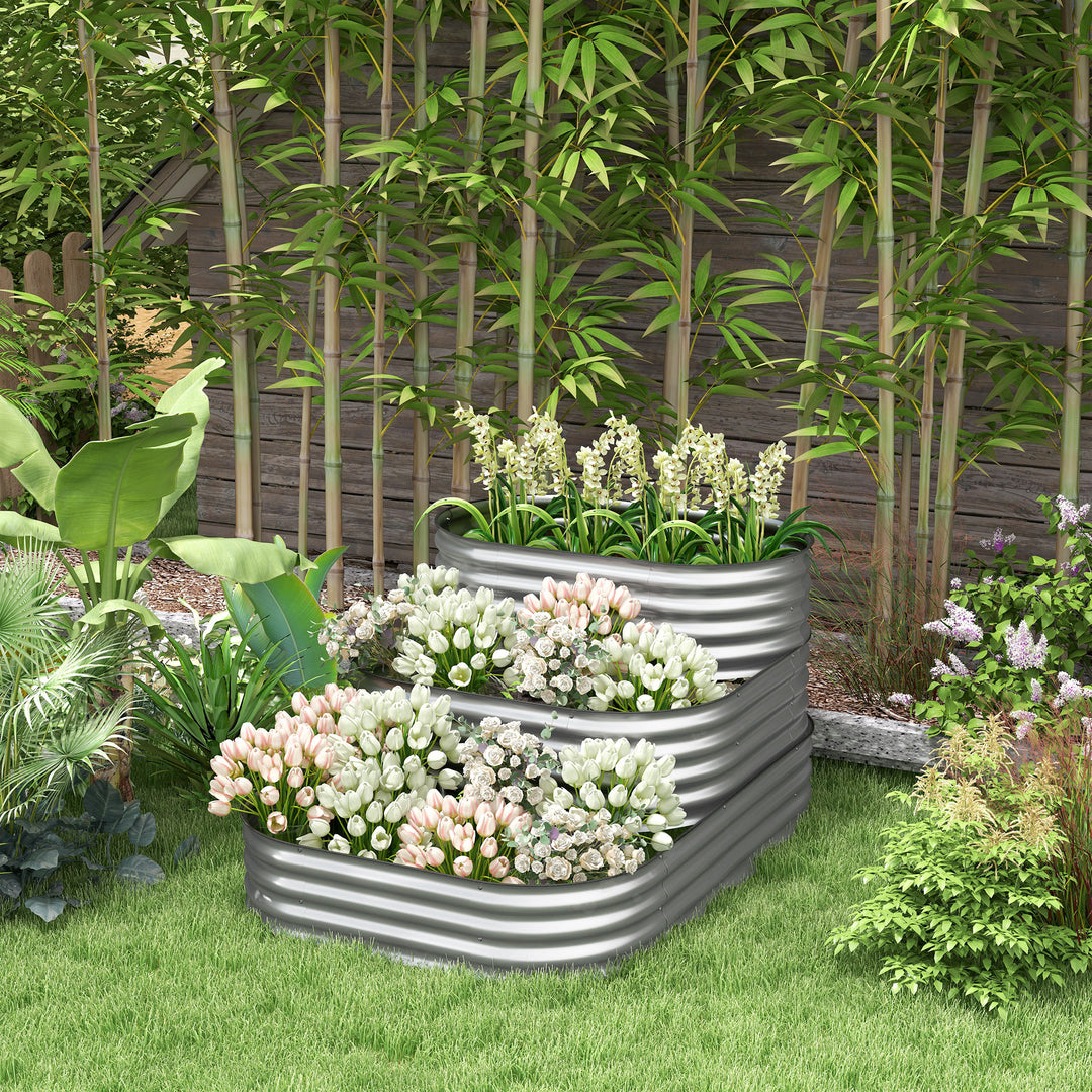 Højbed, udendørs blomstertrappe-plantekasse, 3 trin, 158 x 109 x 82 cm, sølv