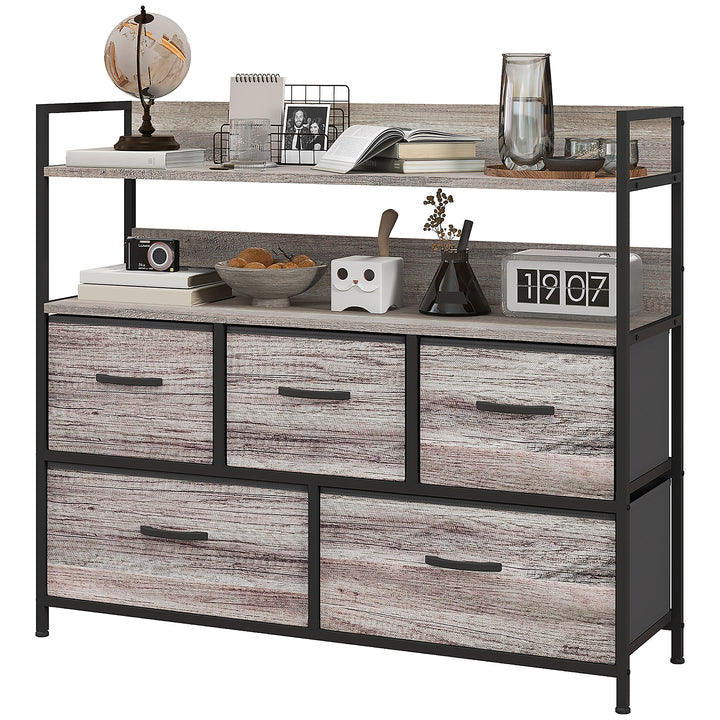 Stofkommode, 5 foldbare skuffer, 2 hylder, stålramme, 98 x 29 x 85 cm, grå