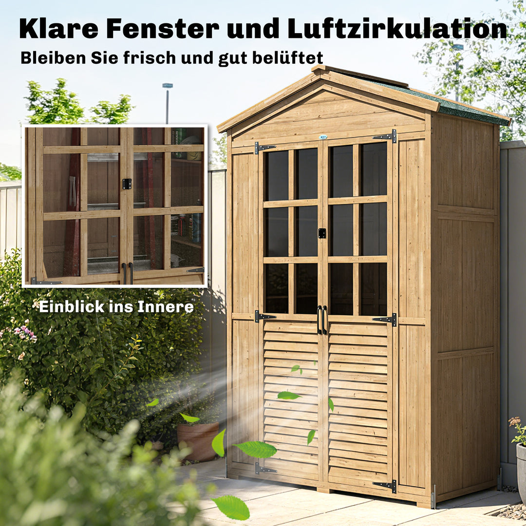 Haveskab i træ med hylde, aflåselig dør, bundplade, asfalttag, ventilationspanel, 128x57,5x197cm