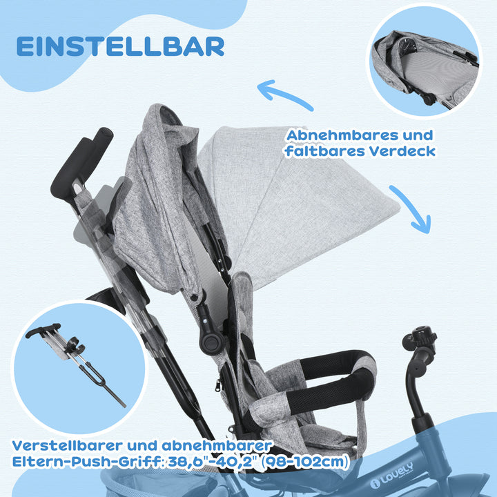 Børnetrecykel, børnecykel, bagkurv, kopholder, solskærm, metal, grå