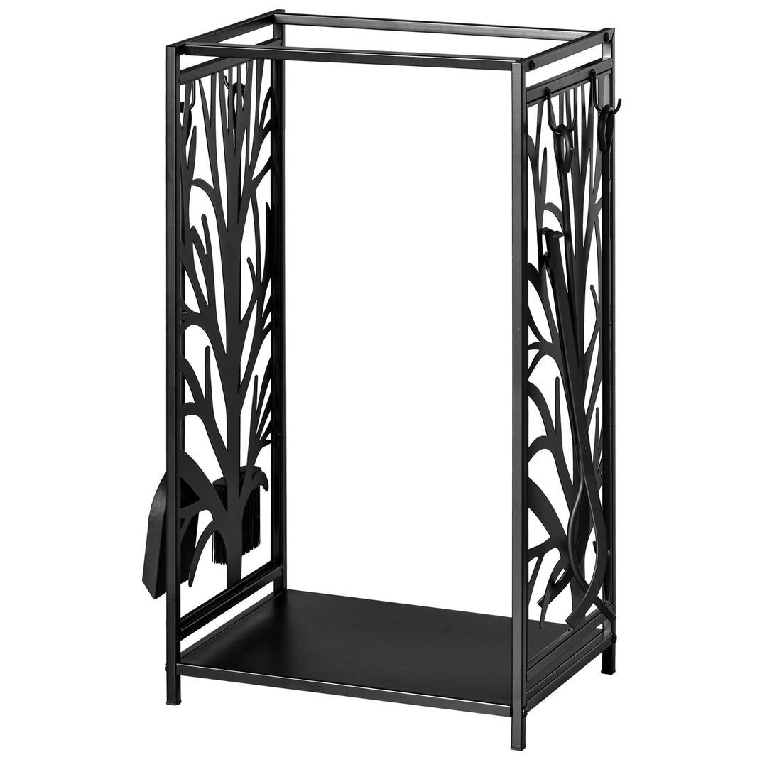 Indendørs brændestativ, stål, 46 x 30 x 70 cm, med 4 pejsekroge, pejseværktøjssæt, brændestativ til pejs eller komfur, brændestativ, brændeholder til brænde, sort