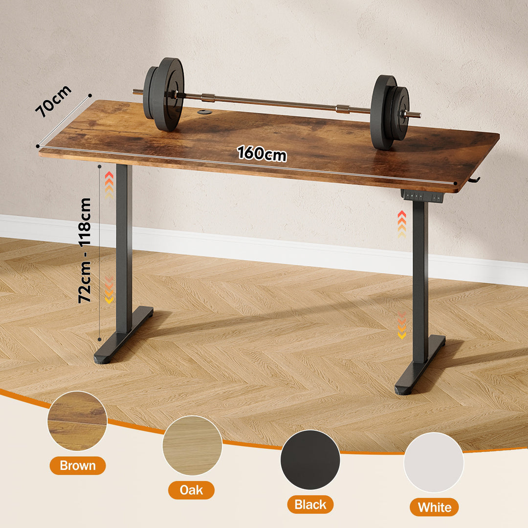 DEVAISE højdejusterbart skrivebord 160×70 cm, støjsvag motor med 3 højdeindstillinger, justeringsområde 72–118 cm, ergonomisk hæve-sænke skrivebord til kontor, brun