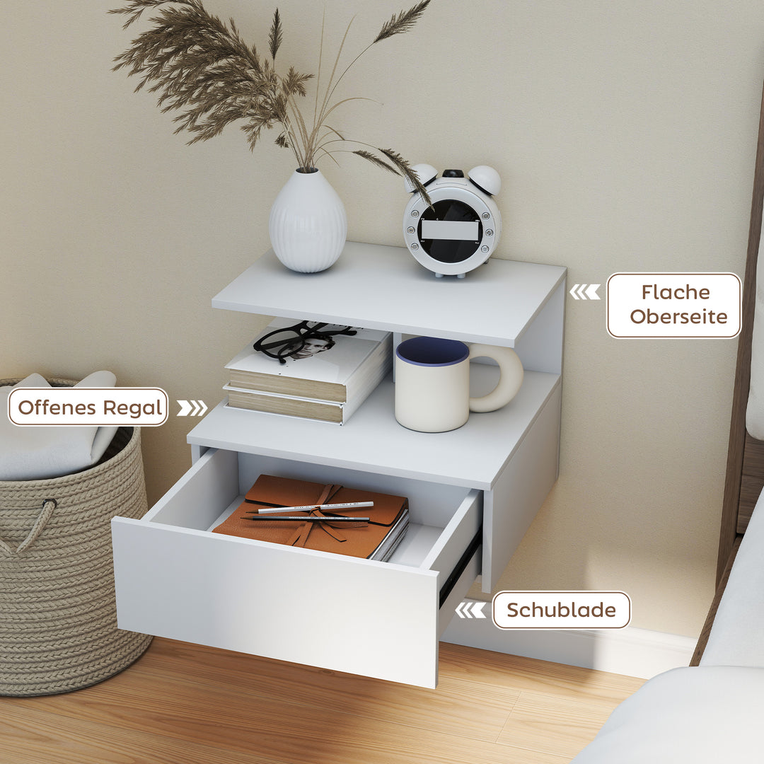 Ophængt natbord med skuffe og åbent rum, hvid, 40 x 35 x 32 cm