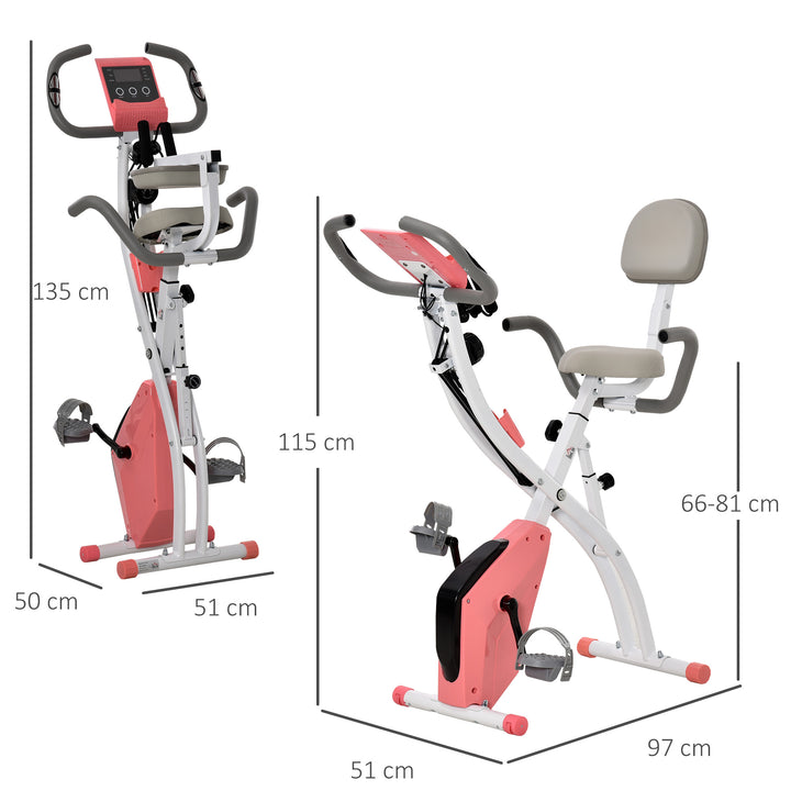 2-i-1 motionscykel med LCD-display, justerbar pulsmåler, sæde og hjul; foldbar motionscykel med 8 niveauer af magnetisk modstand, spændekabel og stålstel.