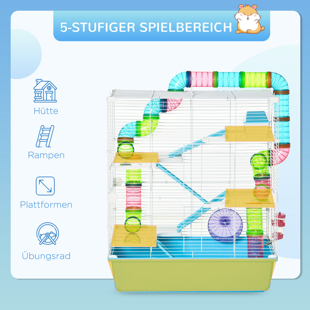 Bur til små dyr med rampe og træningshjul, bur med 5 niveauer, gnaverbur til små kæledyr, foderskål, drikkeflaske, ståltråd, plastik ps, lyseblå + hvid, 59 x 36 x 69 cm
