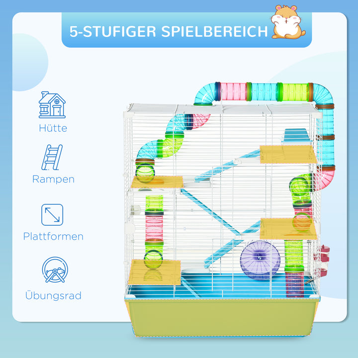 Bur til små dyr med rampe og træningshjul, bur med 5 niveauer, gnaverbur til små kæledyr, foderskål, drikkeflaske, ståltråd, plastik ps, lyseblå + hvid, 59 x 36 x 69 cm