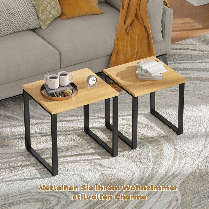 Sofabordsæt med 2, stuebord med metalstel til stuen, naturlig finish