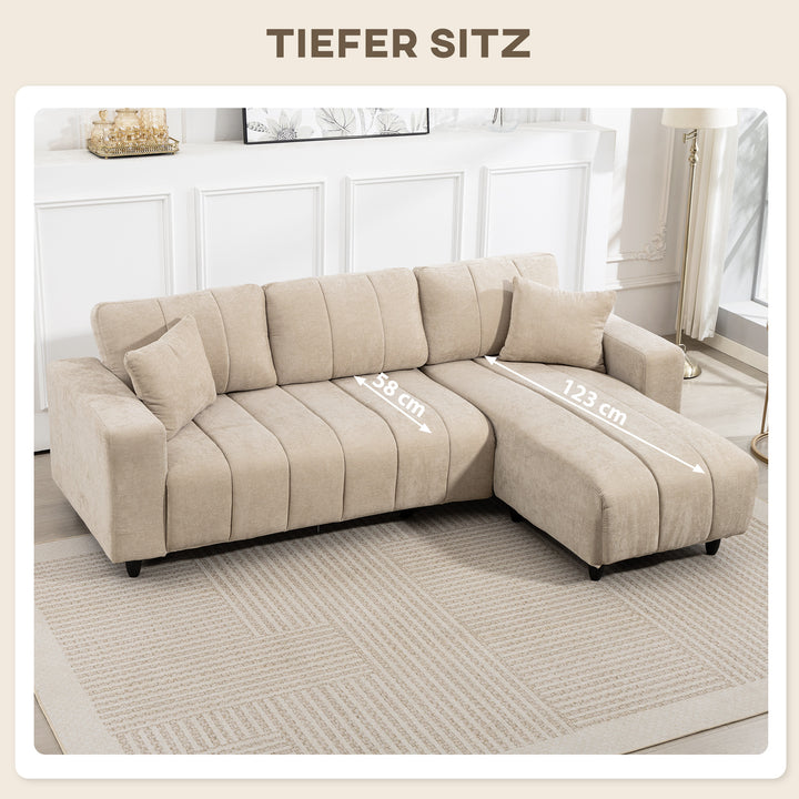 Hjørnesofa, vendbar chaiselong, hynder, 242 x 156 x 87 cm, beige