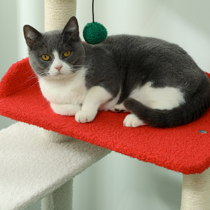 135 Cm juletema kradsetræ med katteseng, kattehus, kradsetræer, hoppeplatforme og legetøjsbolde