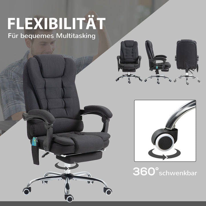 Kontorstol med massagefunktion, ergonomisk skrivebordsstol med lænefunktion og varmefunktion, højdejusterbar, sort
