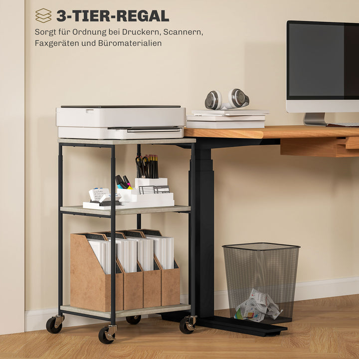 Printerstativ med 3 niveauer, højdejusterbart, mobilt printerbord på hjul, til hjemmekontor, metal og træ