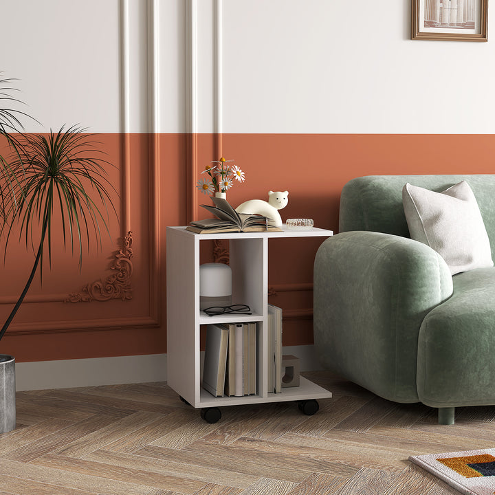 C-formet sidebord, sofabord, hjørneskrivebord, med hjul, e1 spånplade, 45 x 35 x 58 cm, hvid