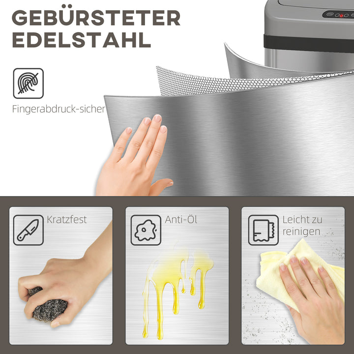 48L sensorstyret skraldespand til køkken eller kontor, automatisk lukkefunktion, rustfrit stål, sølvfarvet