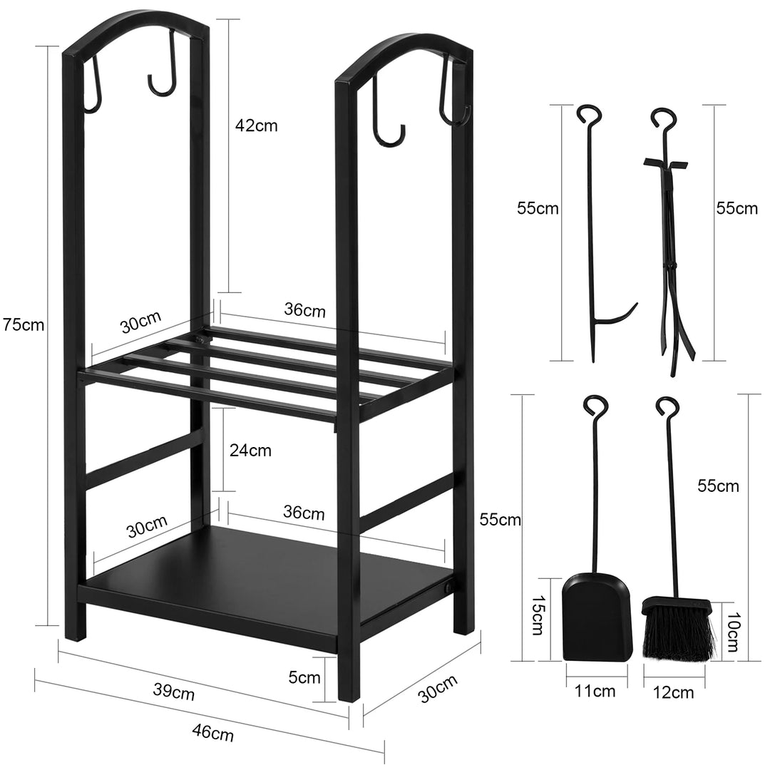 Brændestativ med tang, ildrager, kost og skovl, sort