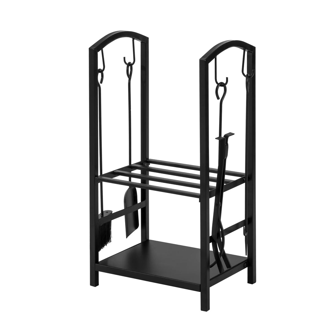 Brændestativ med tang, ildrager, kost og skovl, sort