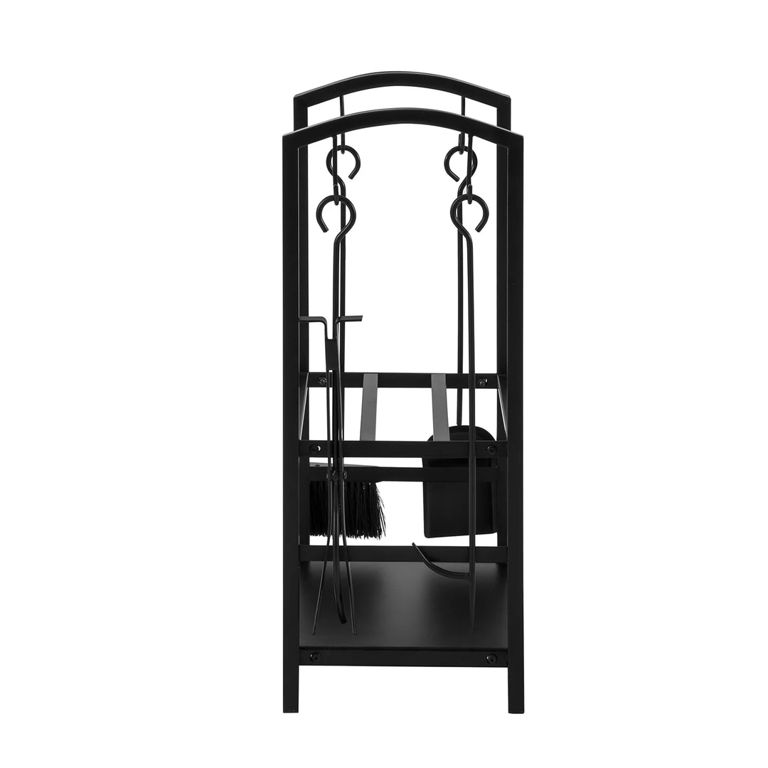 Brændestativ med tang, ildrager, kost og skovl, sort