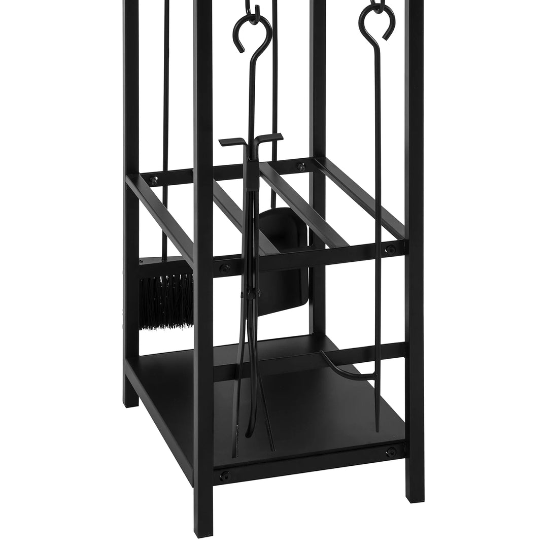 Brændestativ med tang, ildrager, kost og skovl, sort