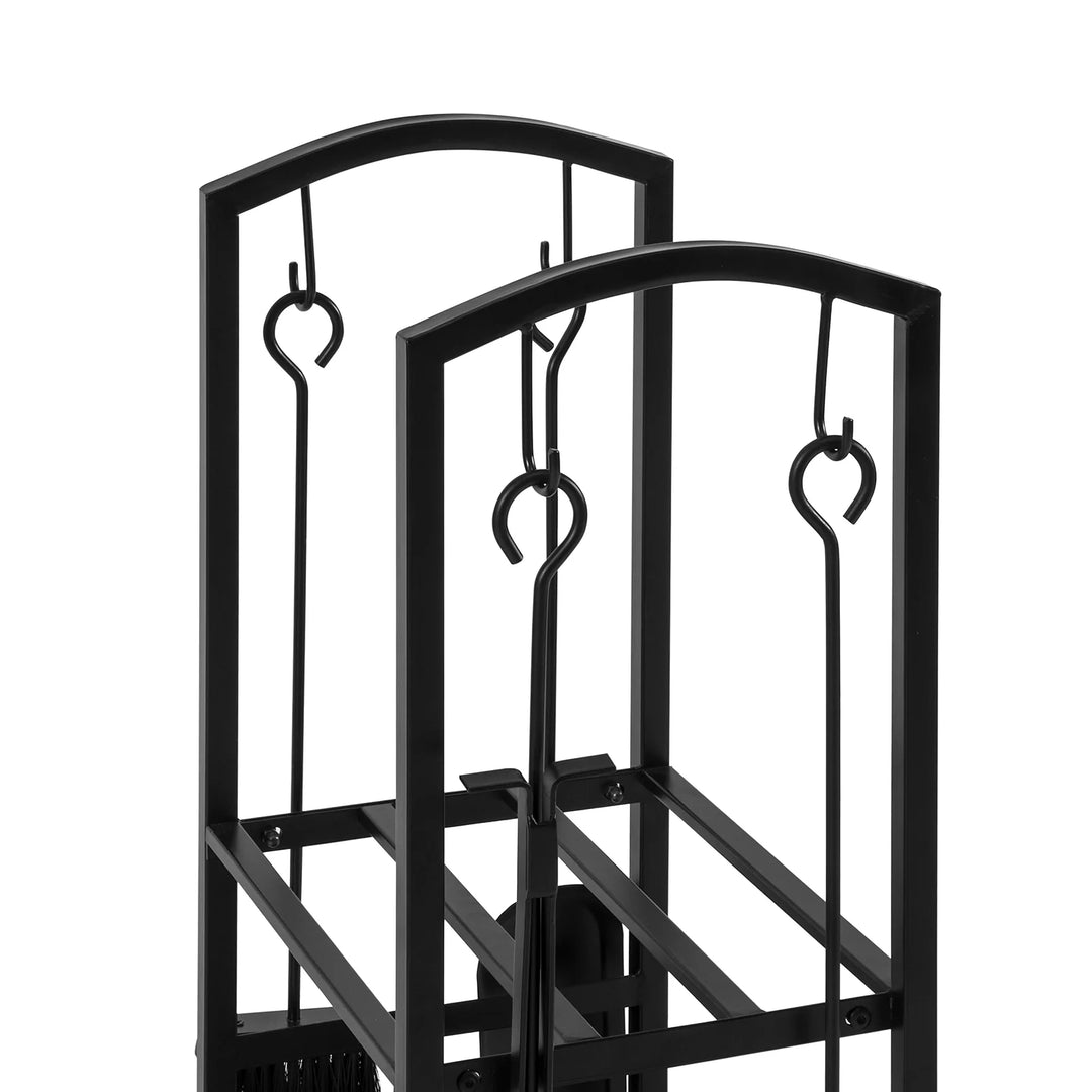 Brændestativ med tang, ildrager, kost og skovl, sort