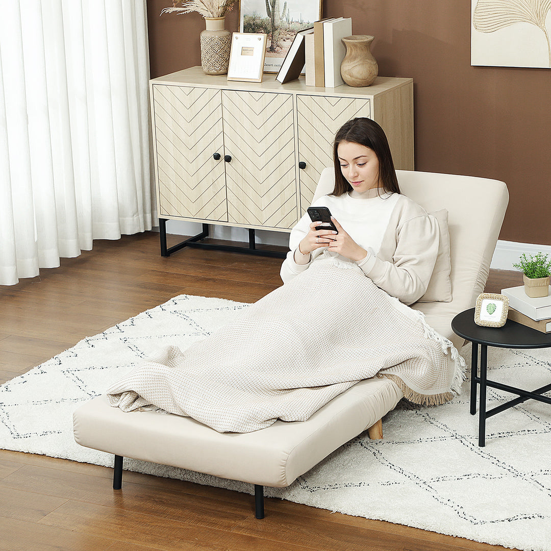 Klappelig lænestol med sengefunktion, klappelig lænestol i fløjlslook, justerbar ryglæn, lasteevne op til 120 kg, beige