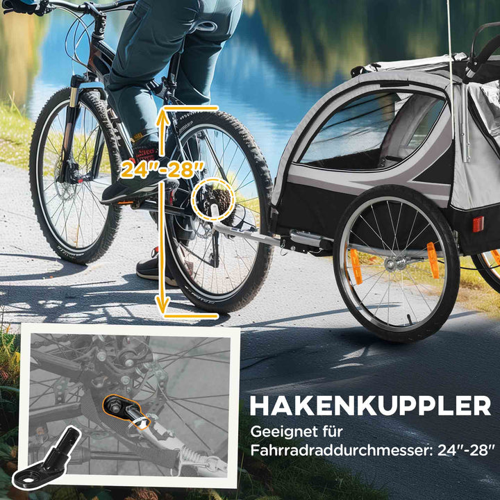 Børnecykeltrailer, skubbetrailer, med bremser, foldbar, til 2 børn, grå/sort