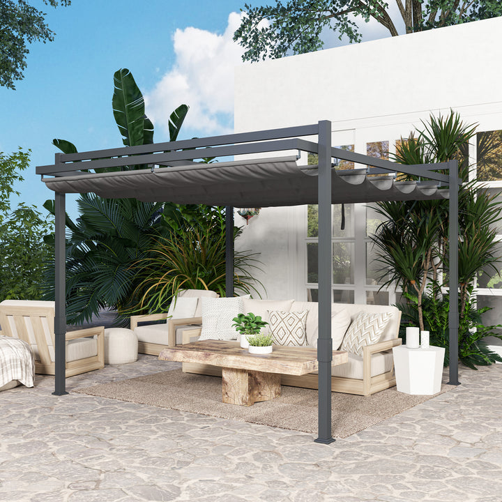 Pergola pavillon ca. 3,5x3m aluminium stabil vinterbestandig solbeskyttelse med justerbart skydetag grå