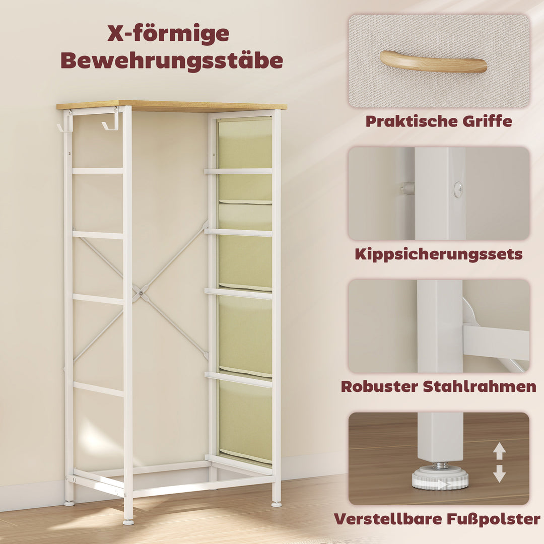 Kommode med 5 skuffer i fiberdug med kroge, beige
