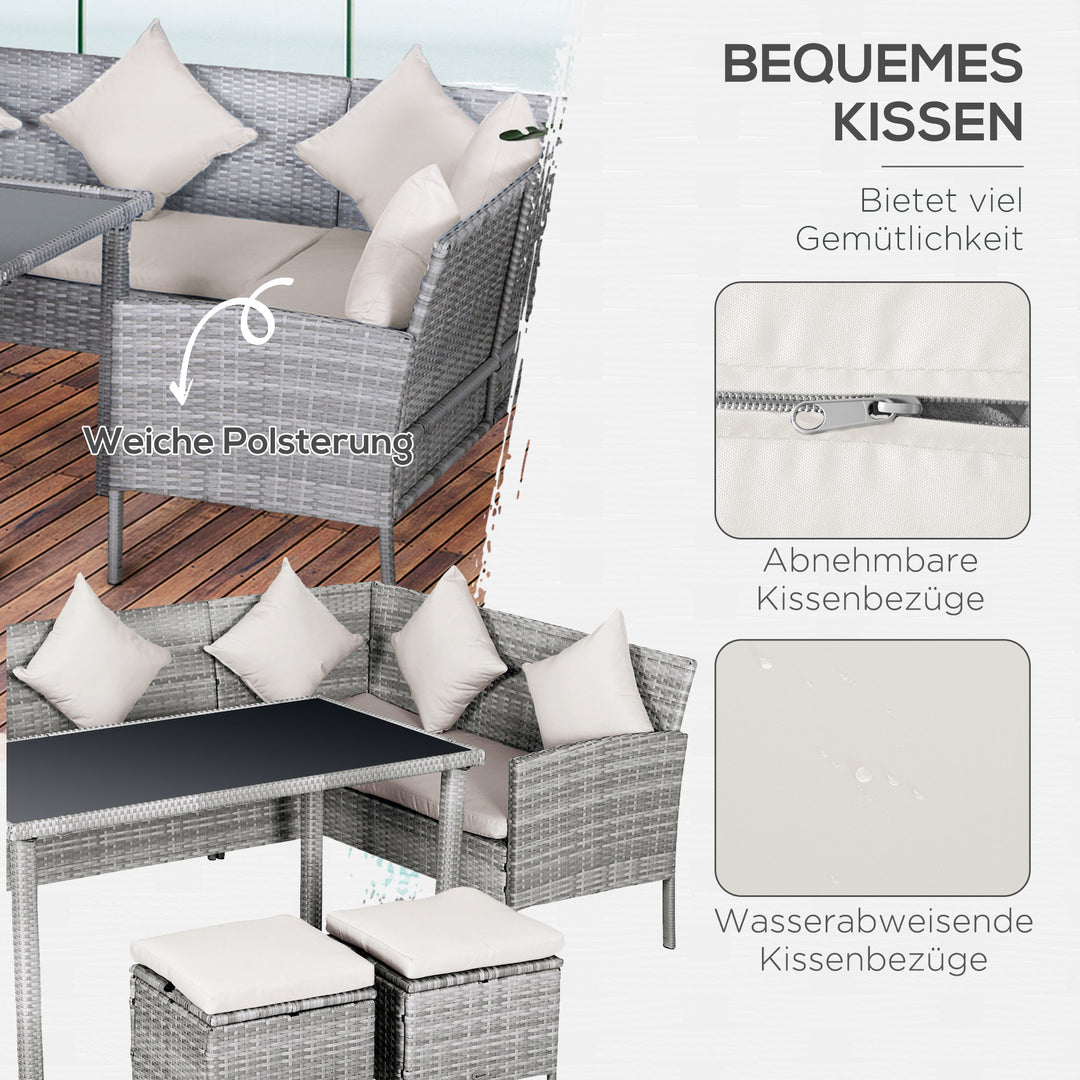 5-Delt havemøbelsæt, rattan siddegruppe med fodskammel, metal, grå, 142 x 60 x 75 cm