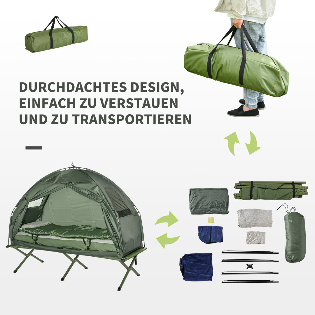 Campingteltsæt med tremmeseng, sovepose og madras, mørkegrøn