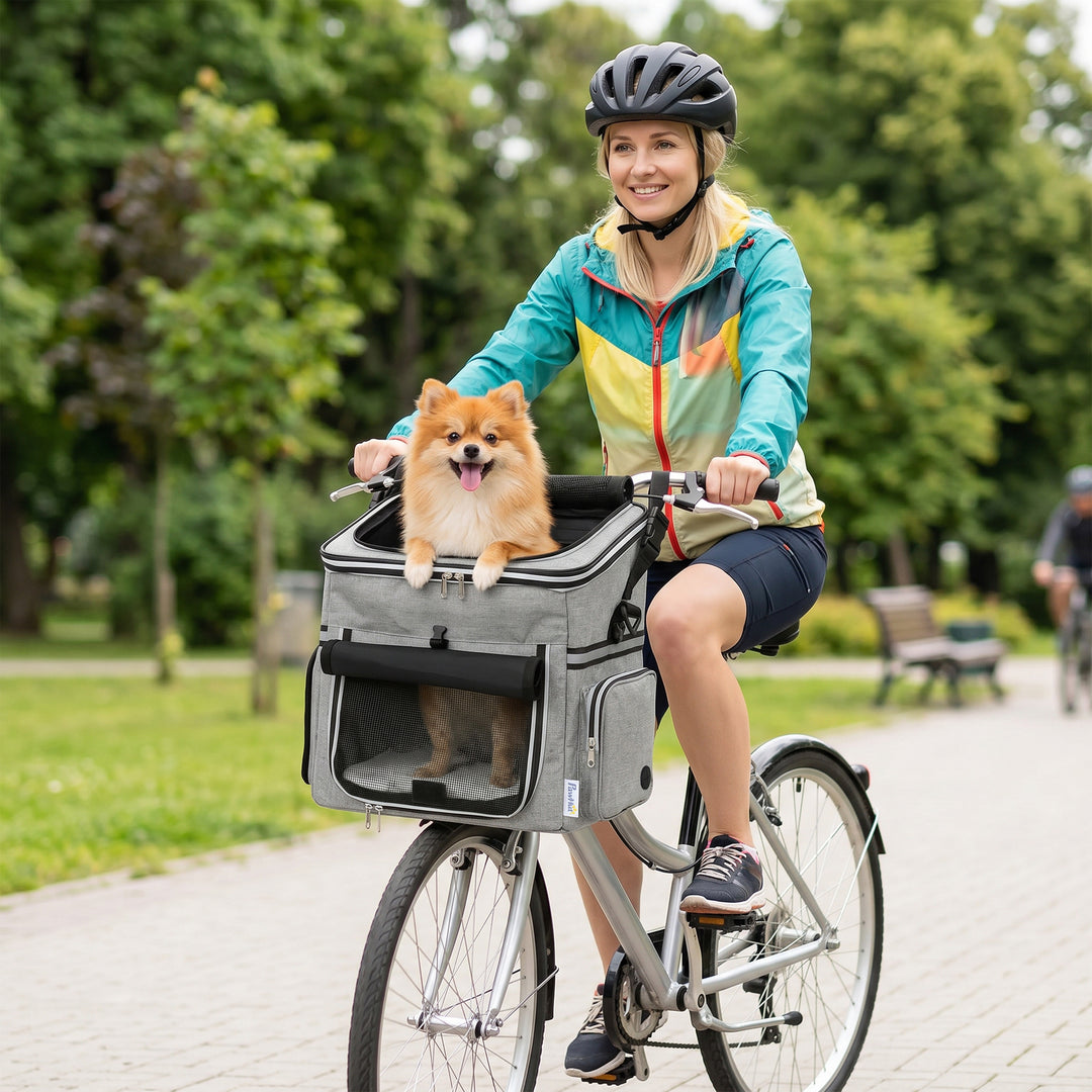 Bærbar frontmonteret hundekurv til cykler, med sikkerhedsline, hynde og skål til små hunde op til 5 kg, lysegrå.