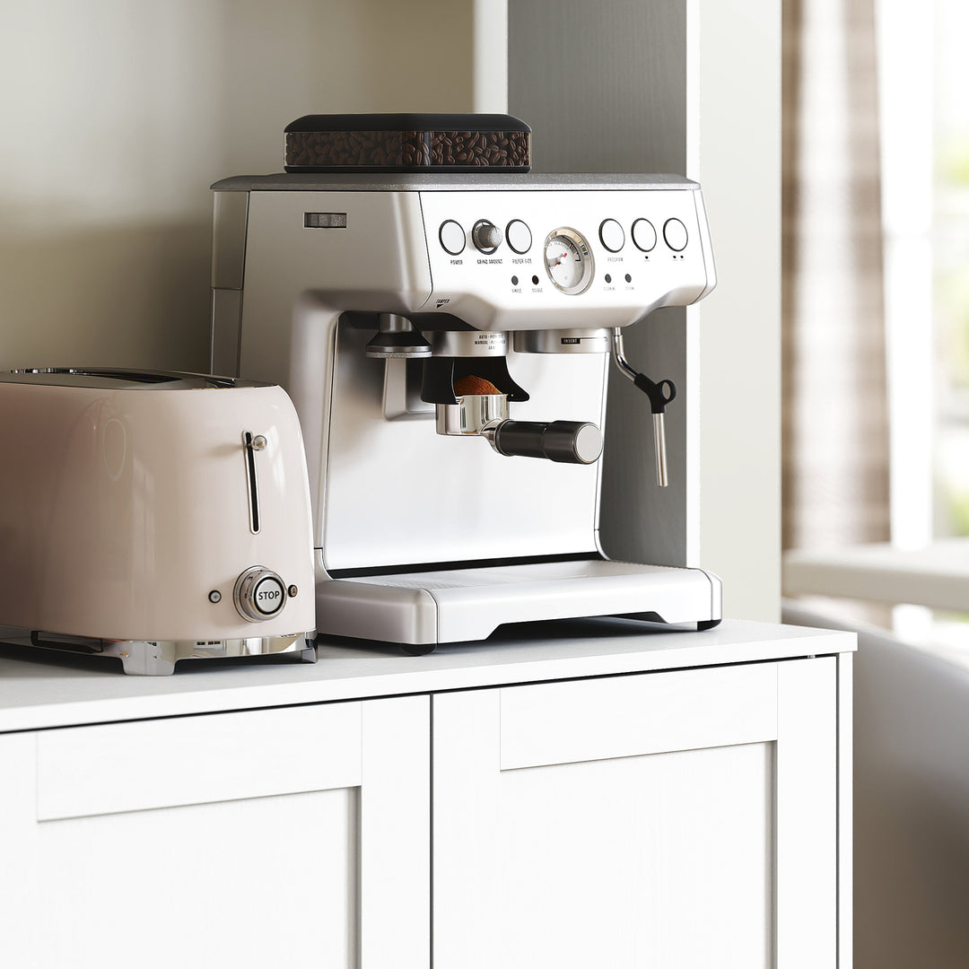 Køkkenskab, skandinavisk design, 4 skabe, justerbare hylder, glaslåger, åben plads, spånplade, mdf, hvid