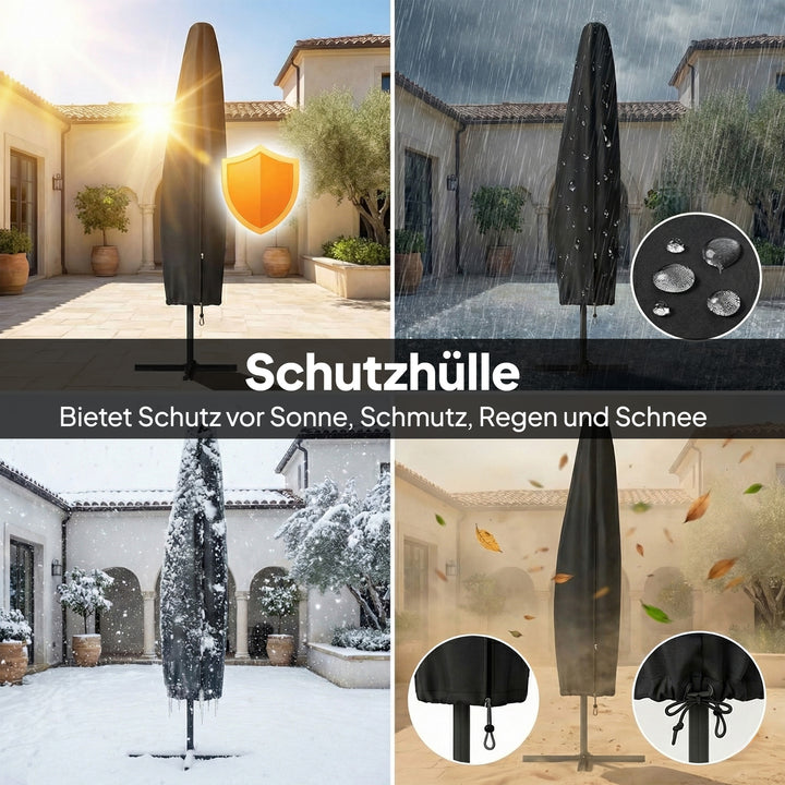 LED solcelledrevet parasol, ca. Ø300 cm, drejelig, med håndsving, beskyttelsesovertræk, beige