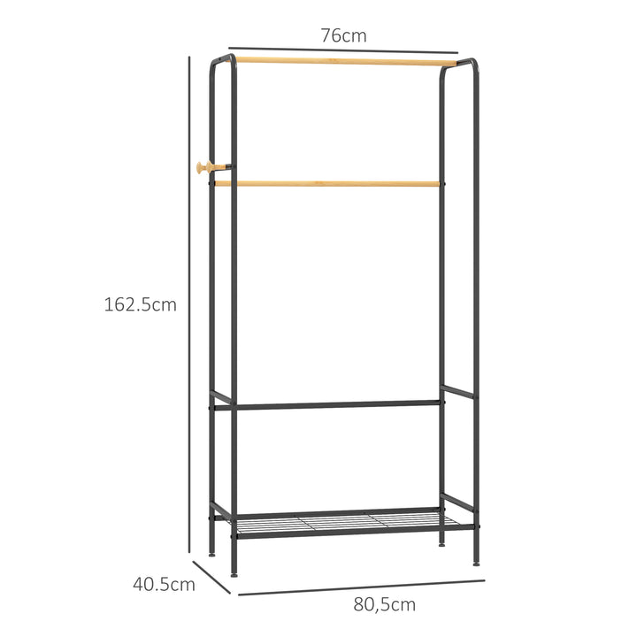 Tøjstativ, 2 tøjstænger, hylde og kroge, bambus/stål, sort