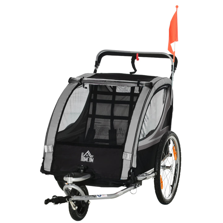 Børnecykeltrailer, skubbetrailer, med bremser, foldbar, til 2 børn, grå/sort