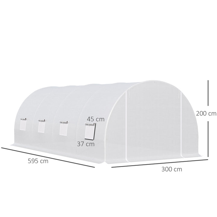 Drivhus 595x300x200cm, polytunneldrivhus, tomathus med dør, vindue, galvaniseret stålpolytunnel, plantetunnel, drivhus inklusive jordankre og reb, havetunnel, hvid