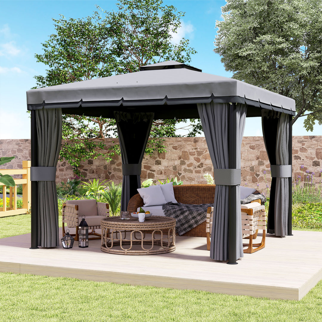 Pavillon ca. 3x3m, vandafvisende, stabil, vintersikker havepavillon med dobbelttag og myggenet med lynlås