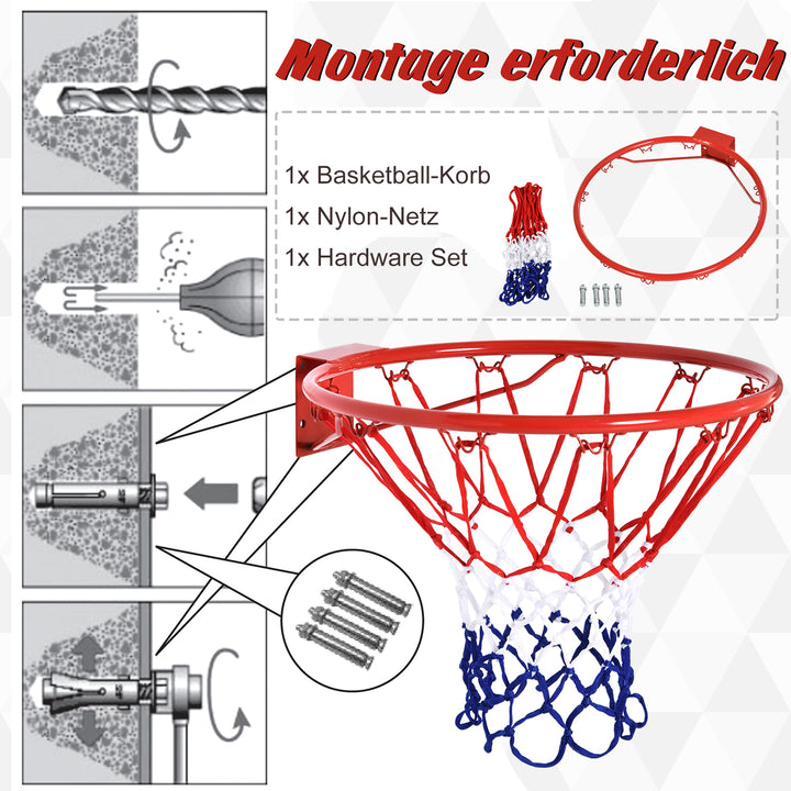 Basketballkurv, indendørs og udendørs med 46 cm kurv og net, vægmonteret, basketballbræt til unge voksne, rød + blå + hvid