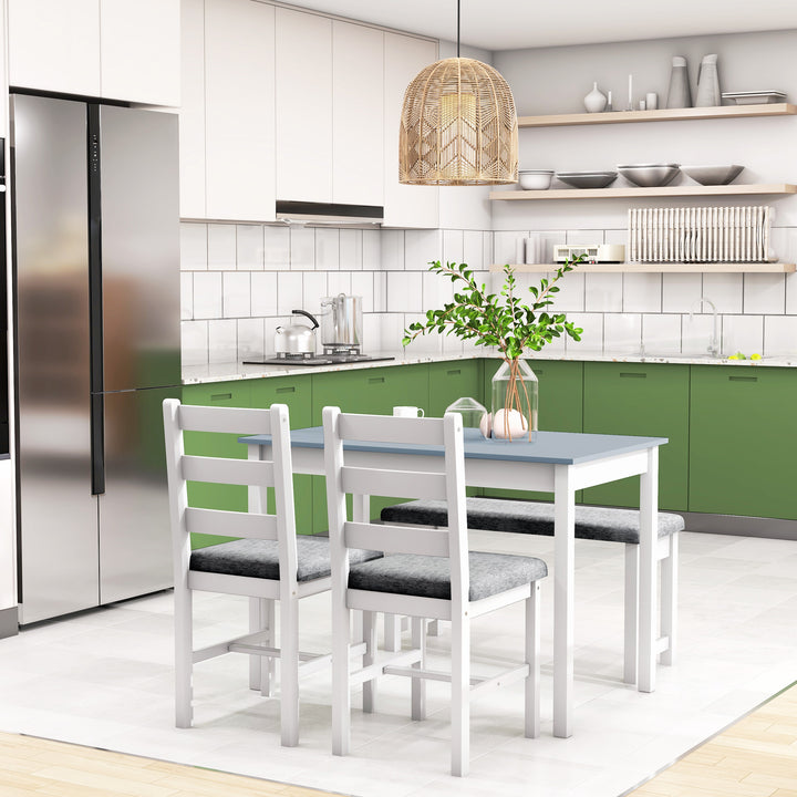 4-Delt spisebordssæt med 1 bord, 1 bænk, 2 stole, grå + hvid