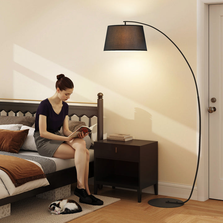 Gulvlampe, buet gulvlampe med stofskærm, gulvlampe med rund fod, metal, 105l x 47b x 190h cm, sort