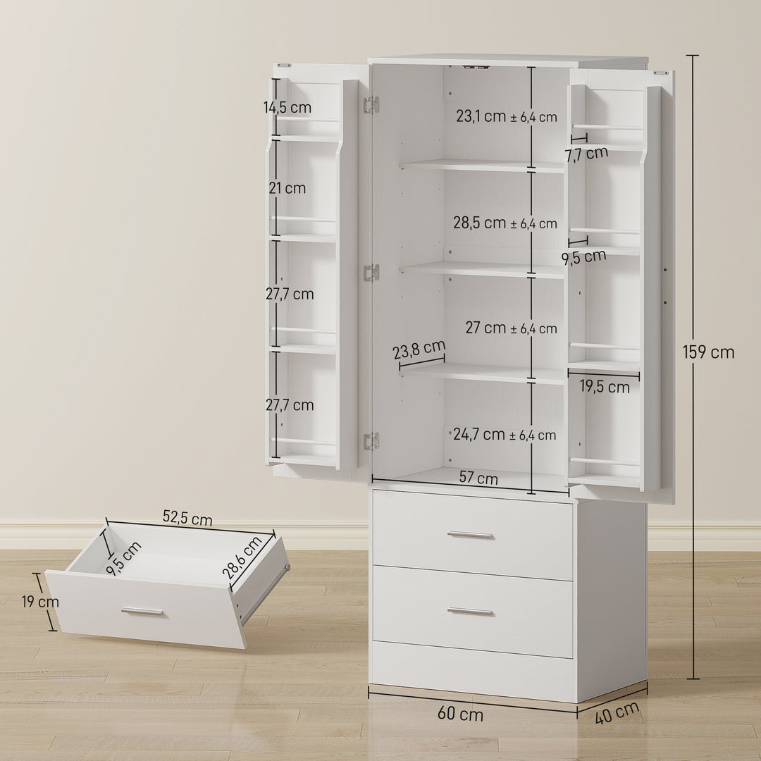 159 cm køkkenskab, justerbare hylder, 2 skuffer, til køkken, spisestue, spånplade, MDF, hvid