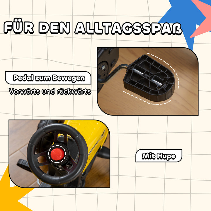 Pedaltraktor med anhænger, værktøj, horn, til børn fra 3 år, metalramme, sort-gul, 133 x 42 x 51 cm