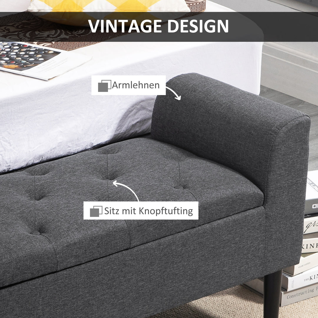 Bænk med opbevaringsplads, polstret bænk med linnedlook, træben, sengebænk, bæreevne op til 130 kg, til stue, soveværelse, entre, 116 x 44 x 58 cm mørkegrå