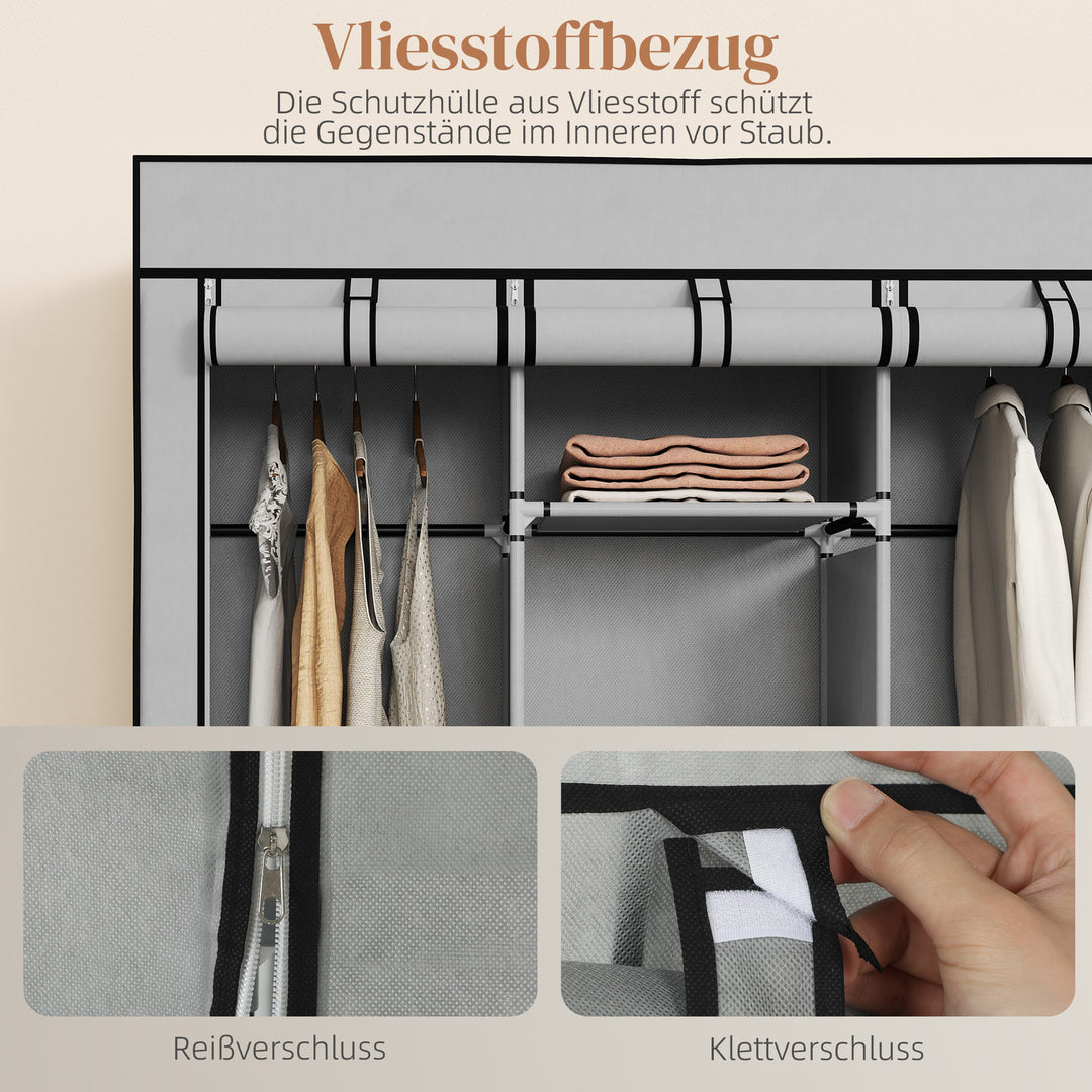 Stofgarderobe, opbevaringsløsning, 8 hylder, 2 garderobestativer, grå