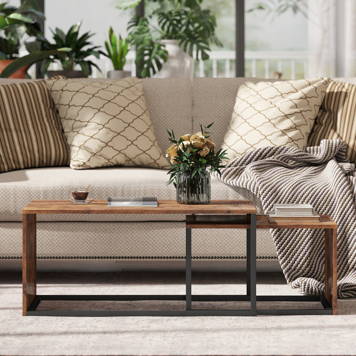 Sæt med 2 sofaborde, sofaborde, sideborde, spånplade, metal, 90 x 48 x 42 cm/59 x 42 x 36 cm, sort+brun