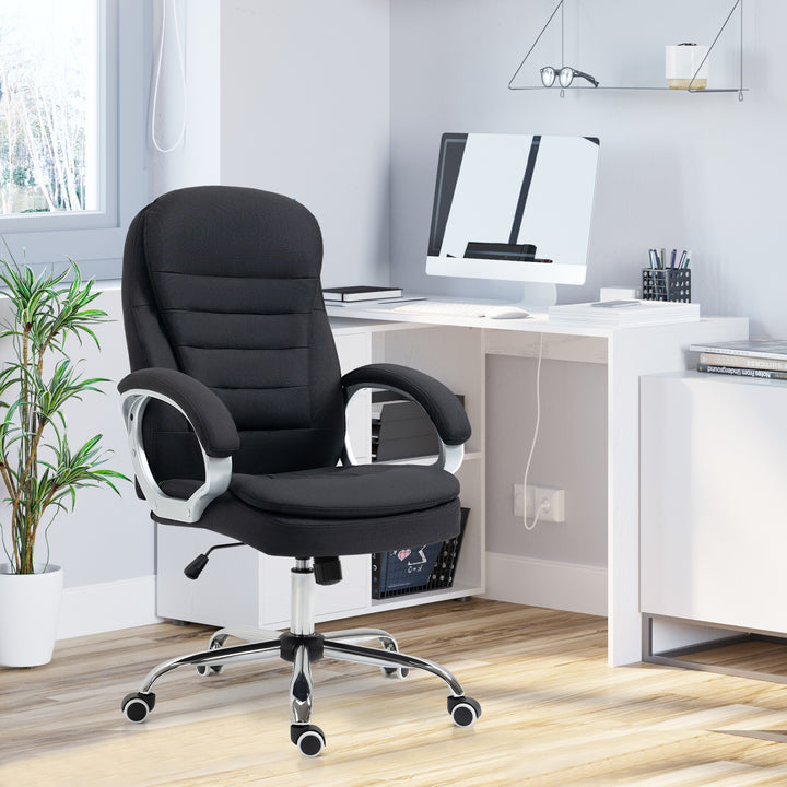 Kontorstol, arbejdsstol, skrivebordsstol, drejestol, 360°, ergonomisk, vippefunktion, højdejusterbar, sort linned, 64 x 75 x 111-121 cm