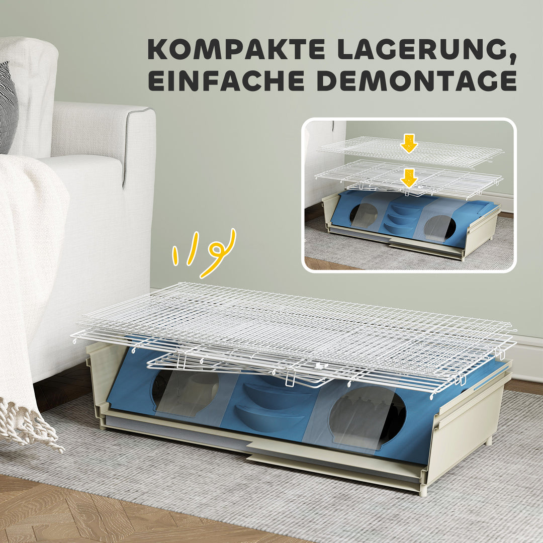 Bur til små dyr, balkon, rampe, fodertrug, vandflaske, 2-etagers design, hvid