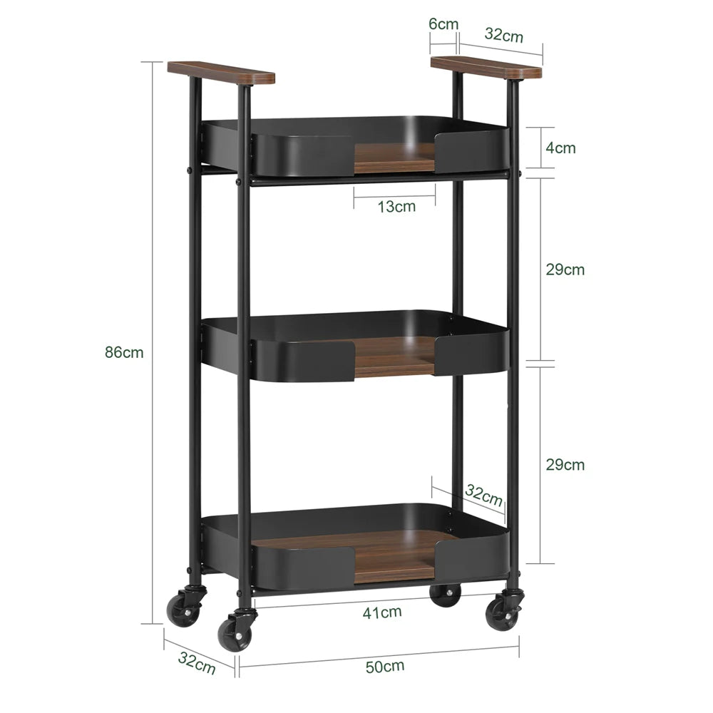 Elegant opbevaringsvogn med 3 hylder, L50xB32xH86cm, sort