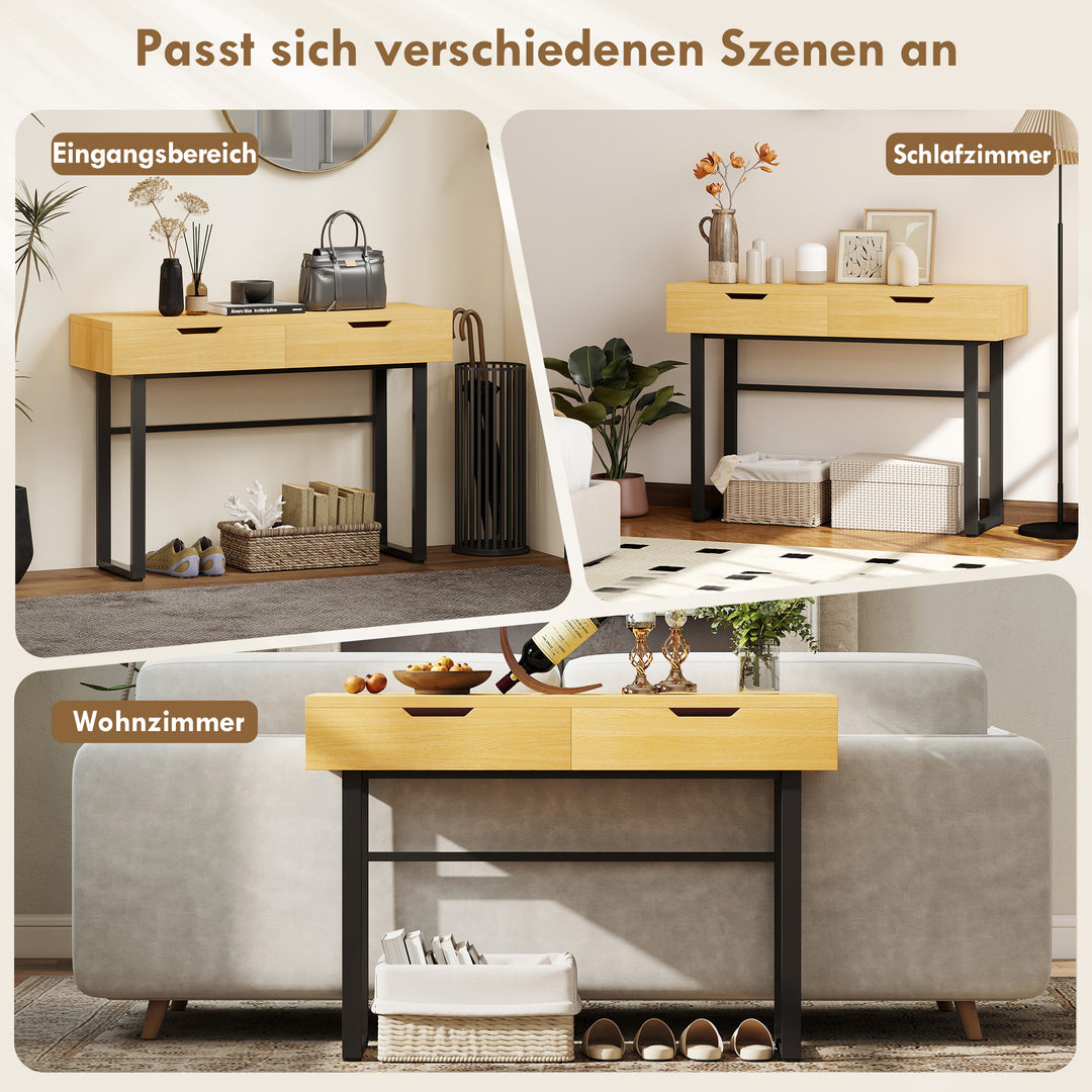 Konsolbord, smalt entrebord med 2 skuffer, metalstel, til entre, 110 x 35 x 76,5 cm, naturlig finish