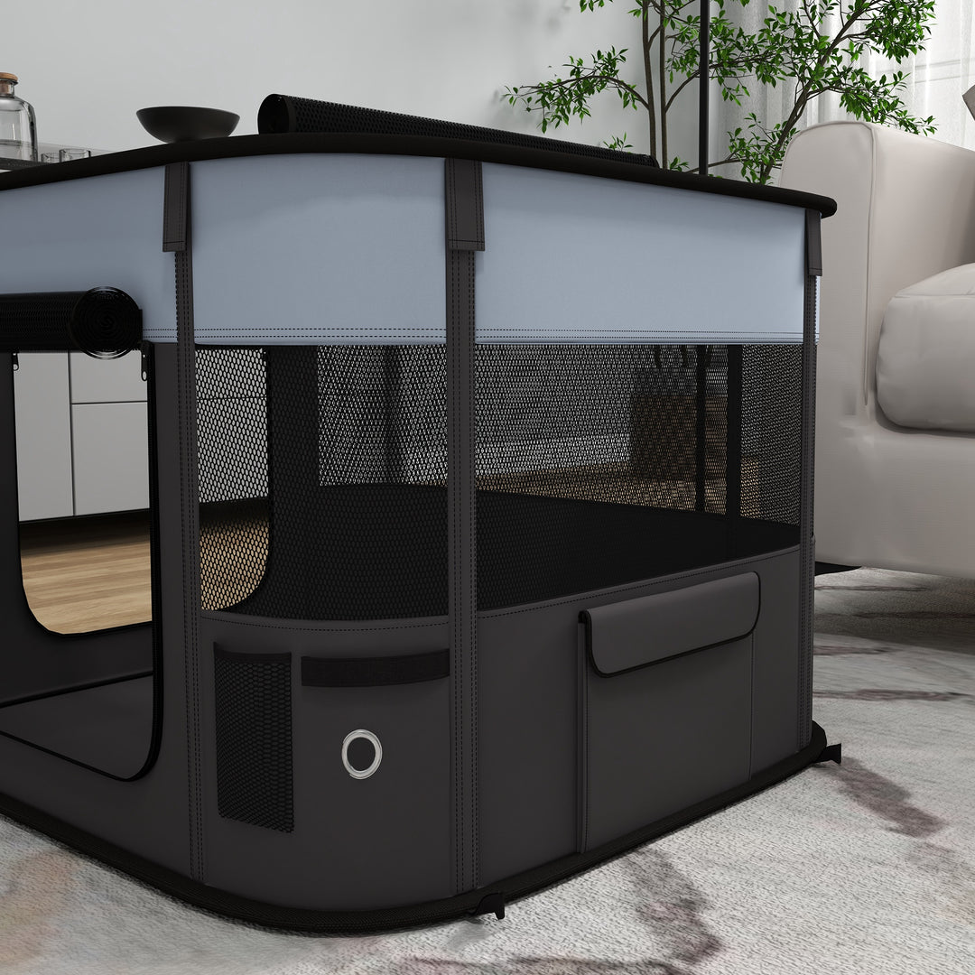 Sammenklappelig kæledyrs legegård med opbevaringspose til hvalpe og killinger, indendørs og udendørs, grå